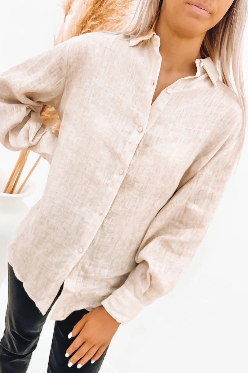 Fern Linen Button Up Top Beige Wash - apèro