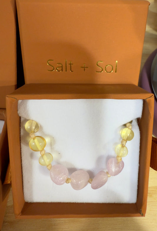 Amber & Rose Quartz Teething Necklace by Salt + Soi