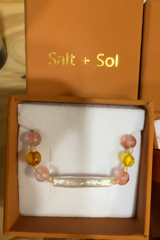 Amber & Strawberry Quartz Teething Necklace - By Salt + Sol
