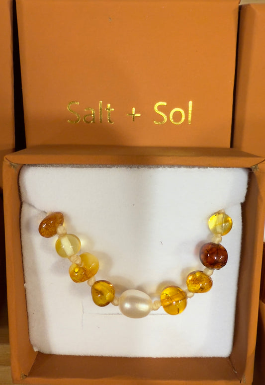 Amber & Mother of Pearl Teething Necklace - By Salt + Sol