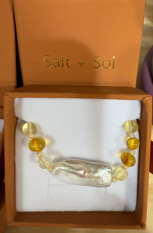 Amber & Mother of Pearl Teething Necklace - by Salt + Sol